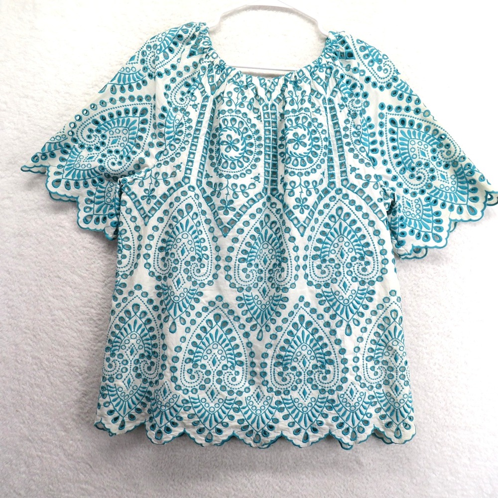 Chicos Shirt Womens Large Teal Embroidered Eyelet Boho Peasant Short Sleeve‎ - Picture 3 of 8